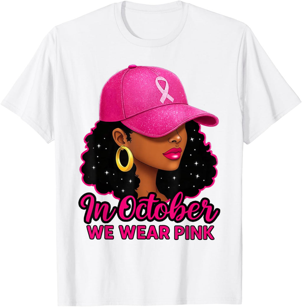 in October We Wear Pink Black Women Breast Cancer Awareness T-Shirt