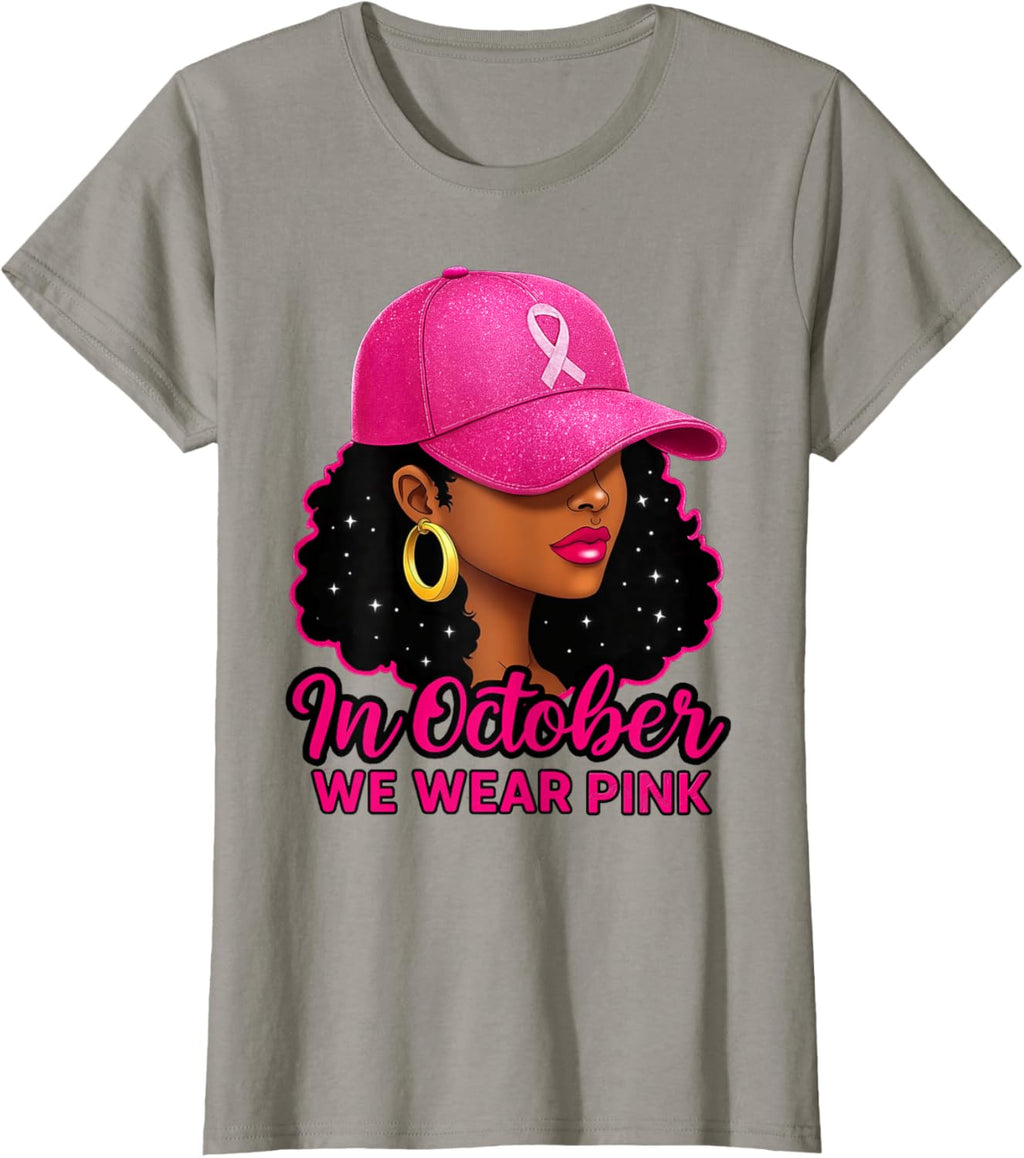 in October We Wear Pink Black Women Breast Cancer Awareness T-Shirt
