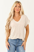 Almond Relaxed V Neck Slub Knit Top