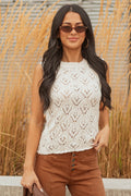 Almond Textured Open Knit Crew Neck Tank Top