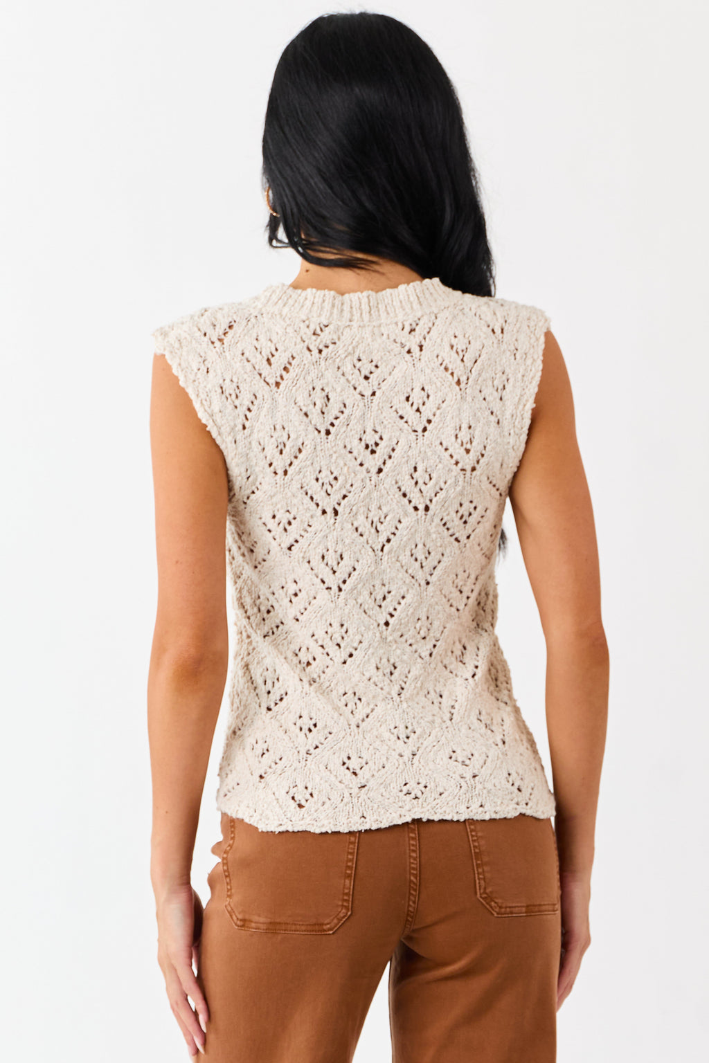 Almond Textured Open Knit Crew Neck Tank Top