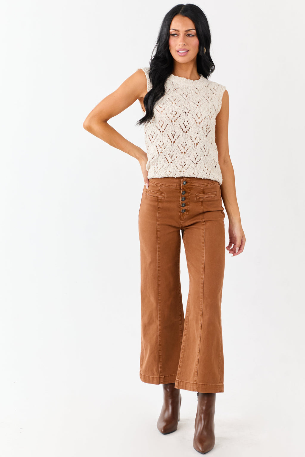 Almond Textured Open Knit Crew Neck Tank Top