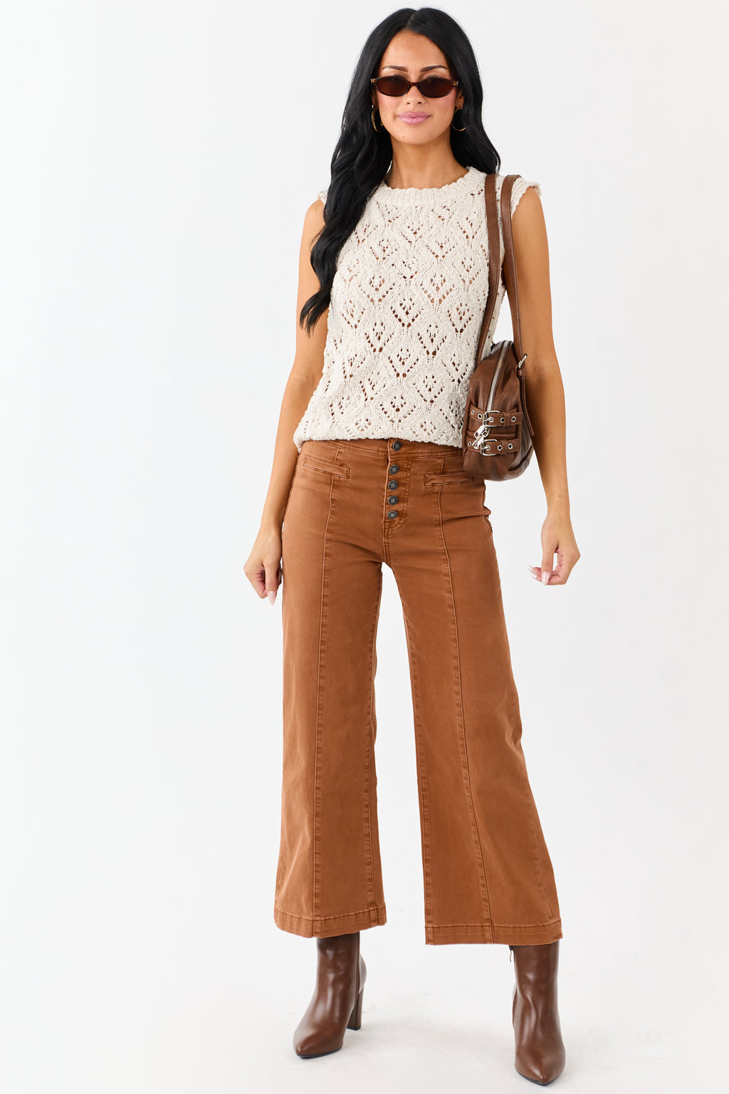 Almond Textured Open Knit Crew Neck Tank Top