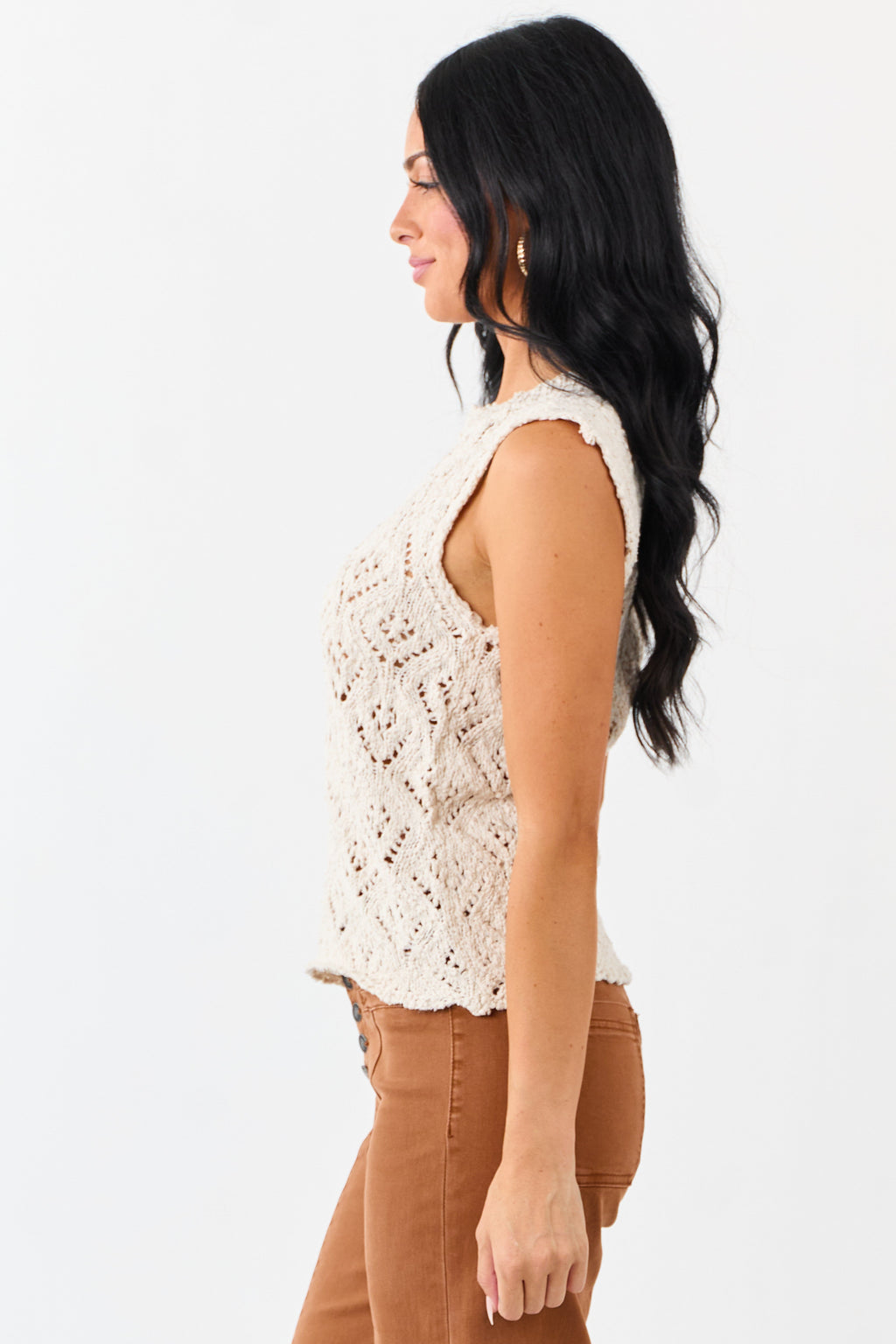 Almond Textured Open Knit Crew Neck Tank Top