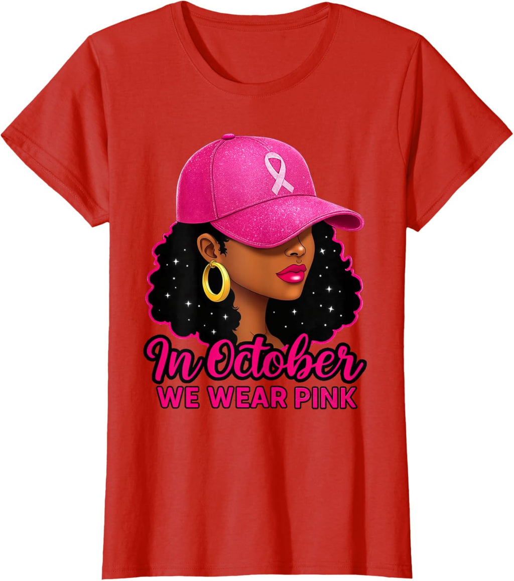 in October We Wear Pink Black Women Breast Cancer Awareness T-Shirt