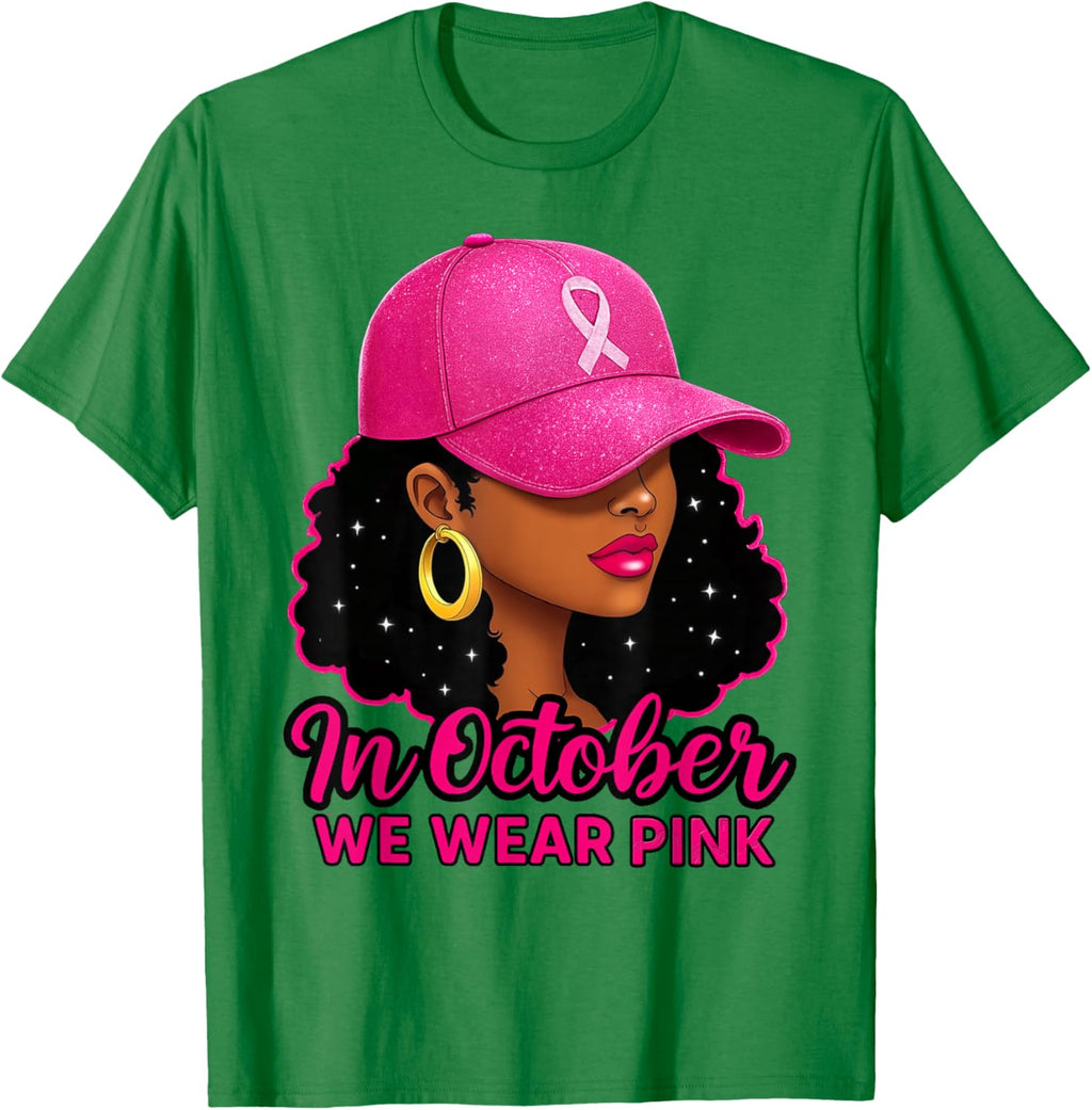 in October We Wear Pink Black Women Breast Cancer Awareness T-Shirt