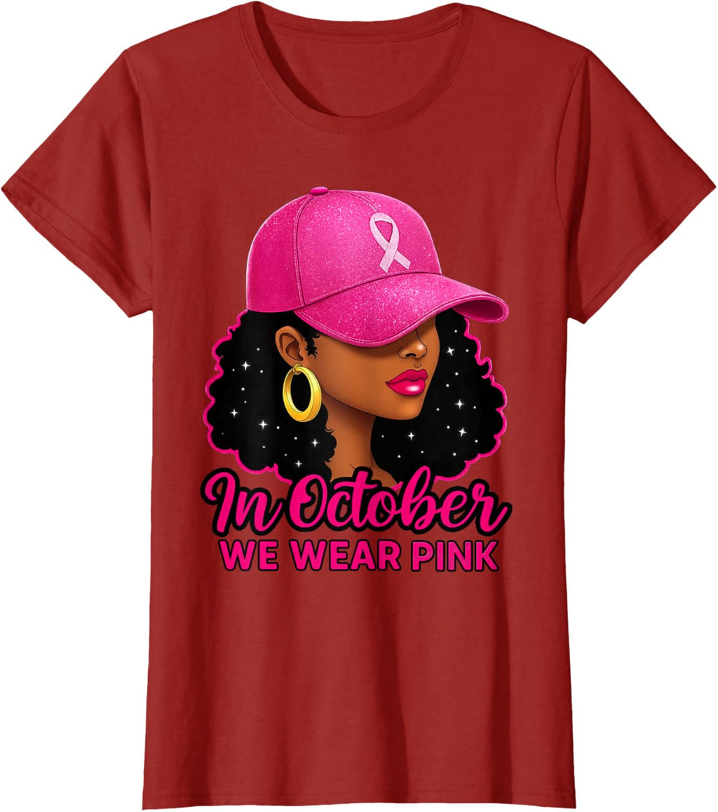in October We Wear Pink Black Women Breast Cancer Awareness T-Shirt