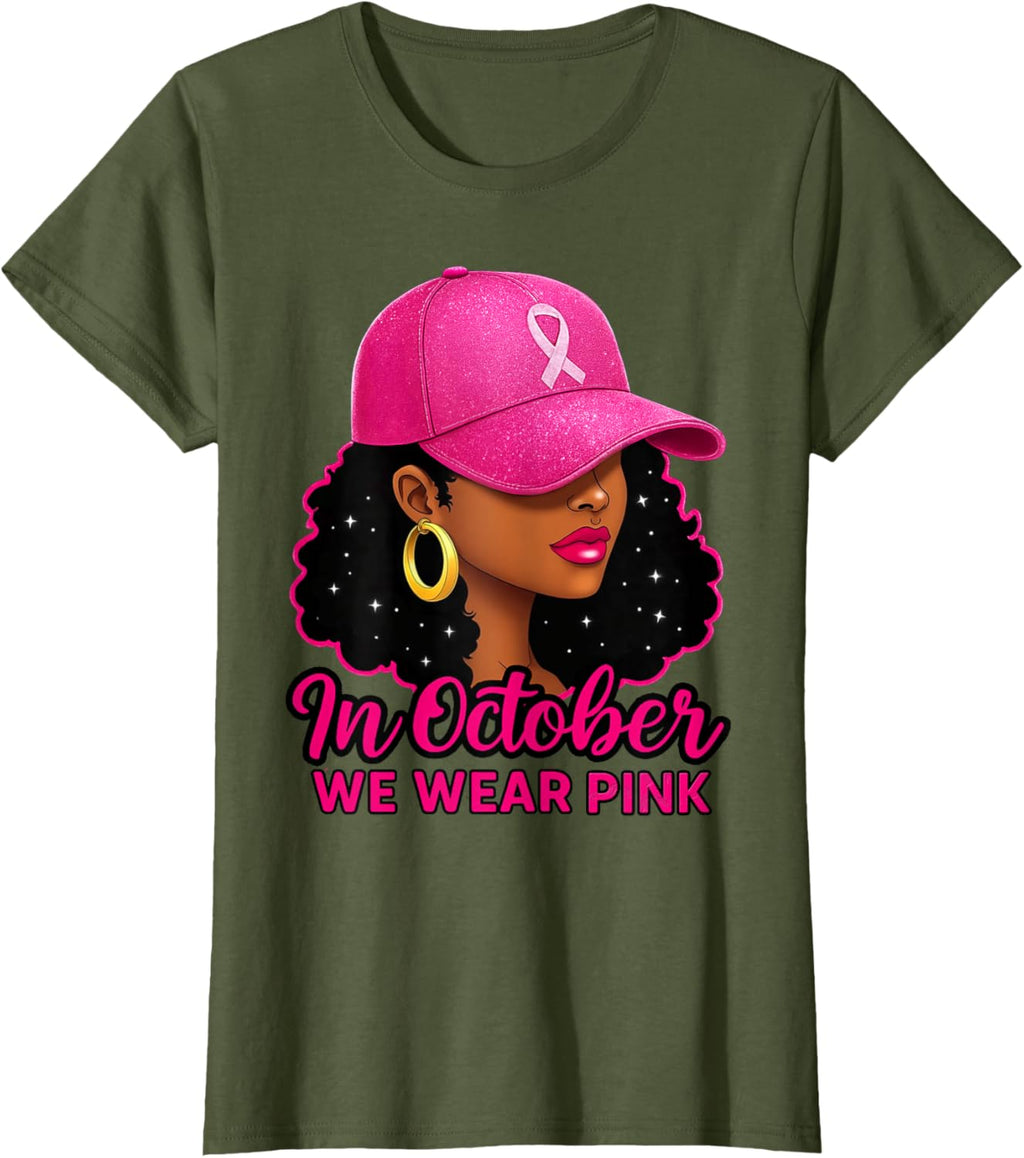in October We Wear Pink Black Women Breast Cancer Awareness T-Shirt