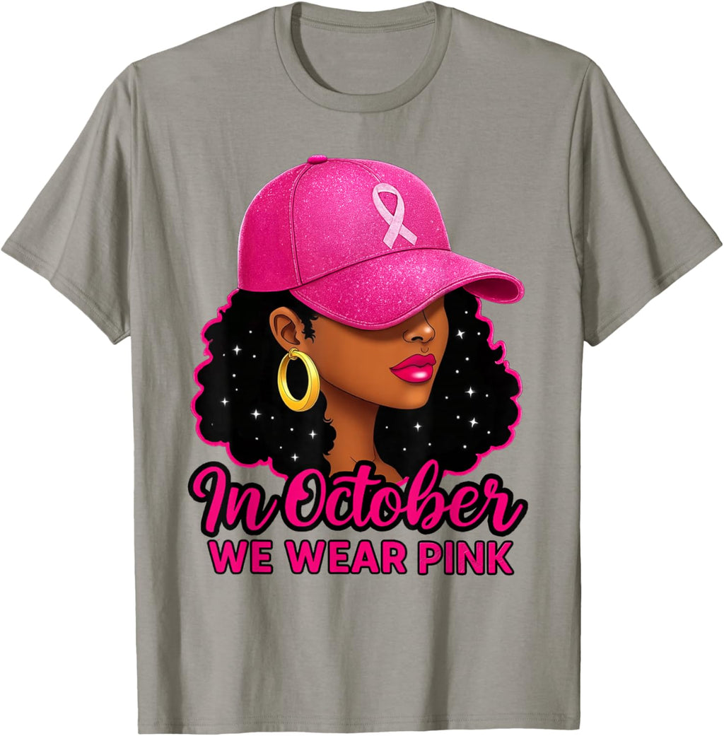 in October We Wear Pink Black Women Breast Cancer Awareness T-Shirt