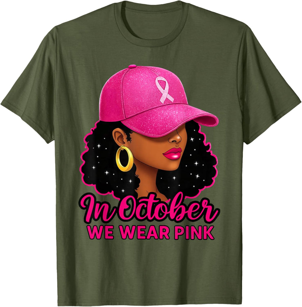 in October We Wear Pink Black Women Breast Cancer Awareness T-Shirt