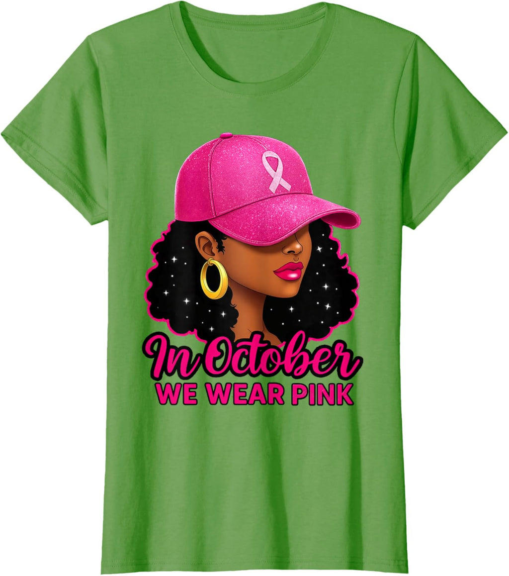 in October We Wear Pink Black Women Breast Cancer Awareness T-Shirt