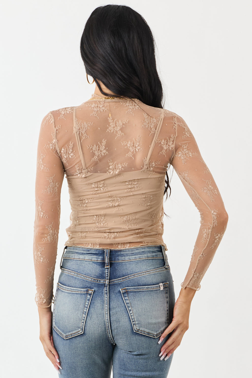 Beige Floral Lace Mesh Long Sleeve Top