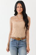 Beige Floral Lace Mesh Long Sleeve Top