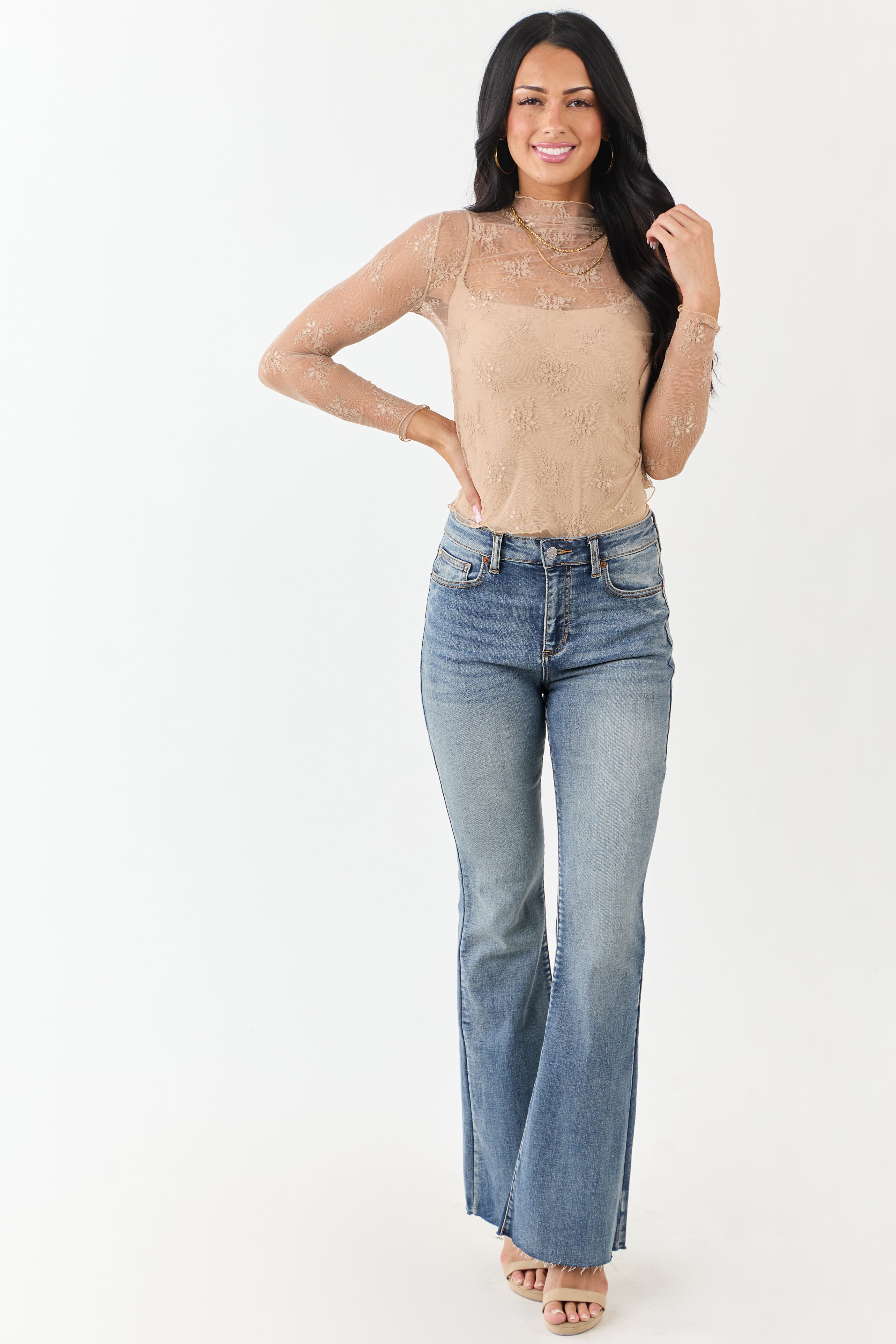 Beige Floral Lace Mesh Long Sleeve Top