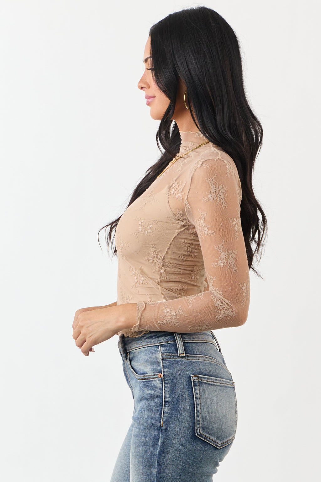 Beige Floral Lace Mesh Long Sleeve Top