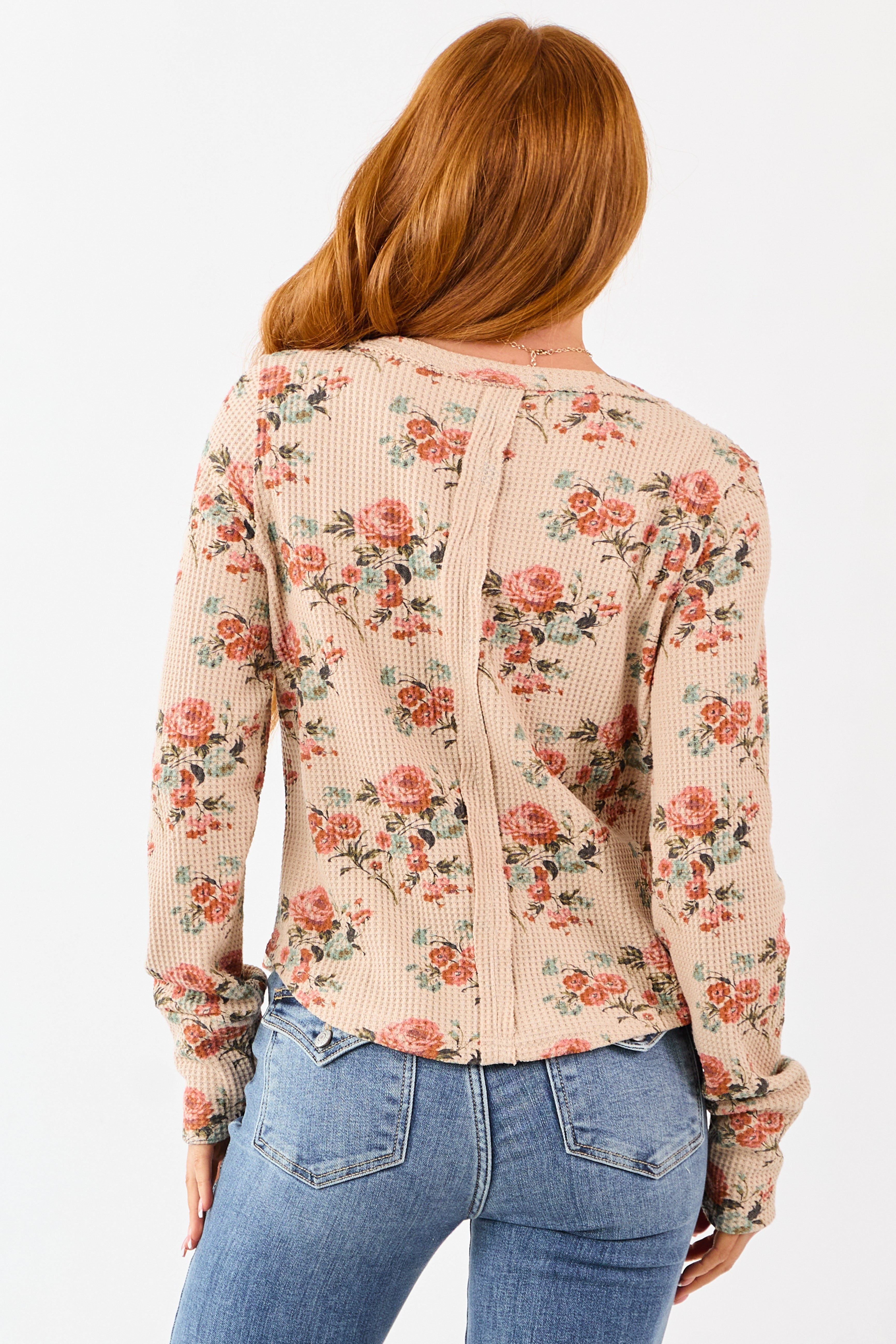 Beige Rose Print Waffle Knit Long Sleeve Top