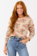Beige Rose Print Waffle Knit Long Sleeve Top