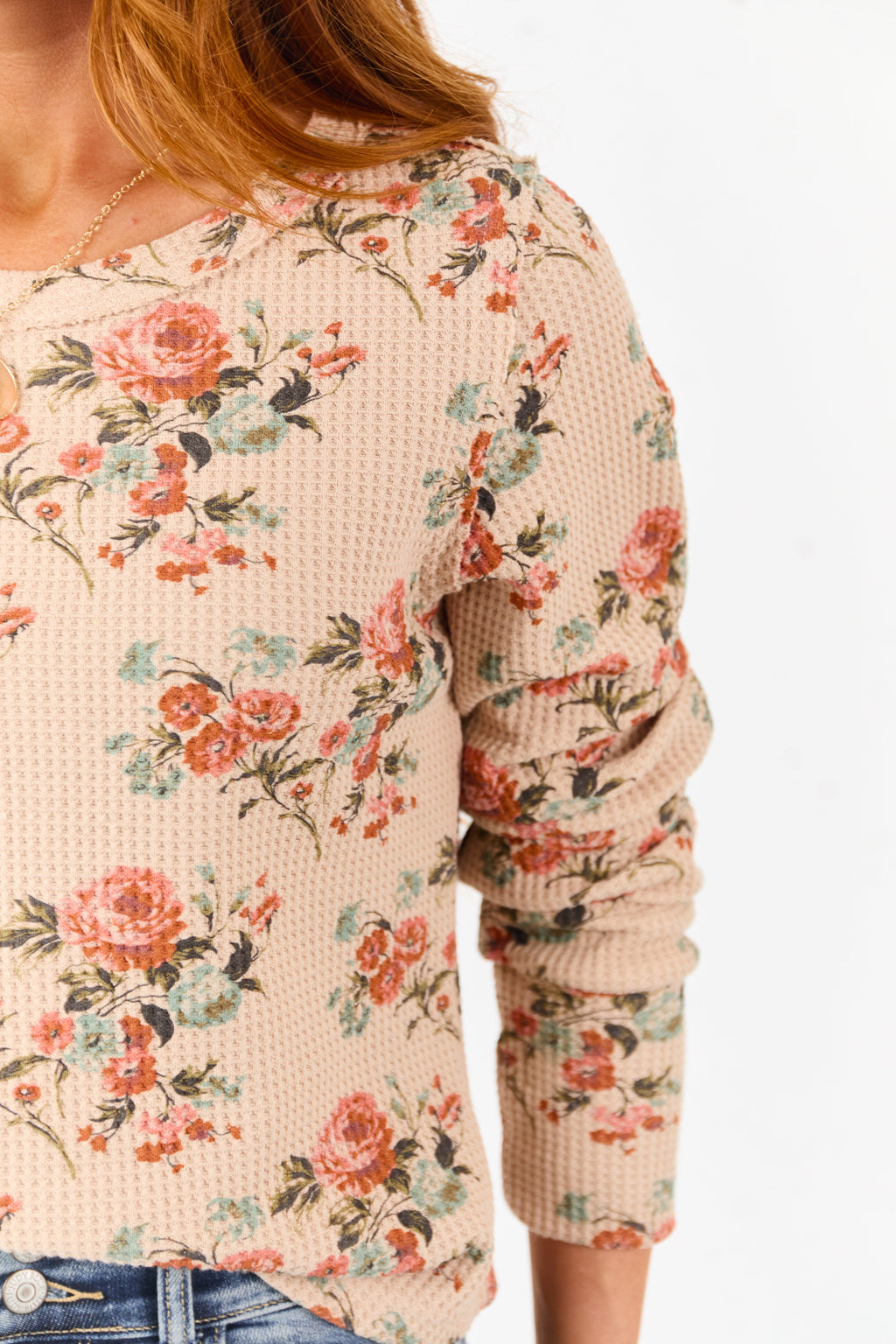 Beige Rose Print Waffle Knit Long Sleeve Top