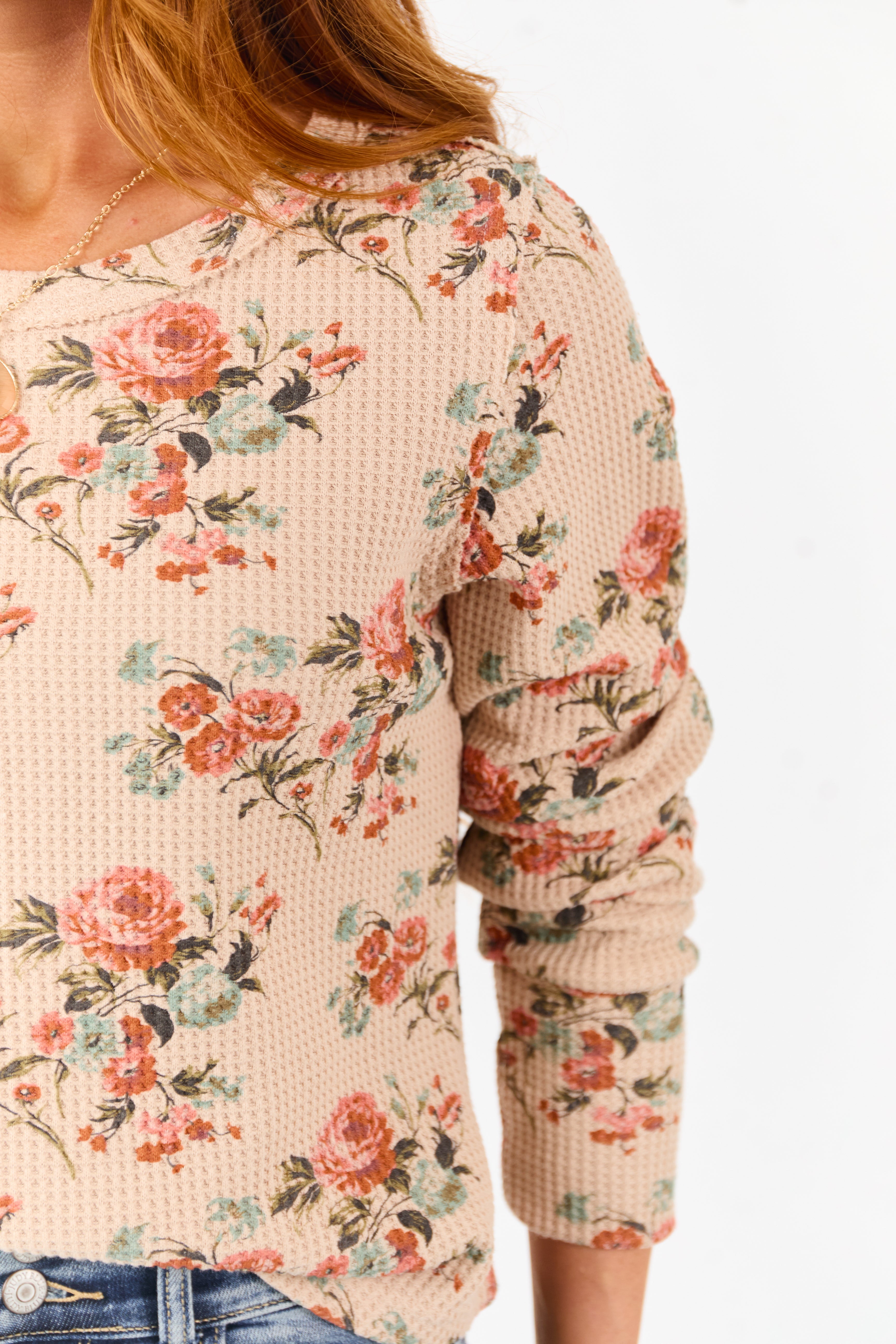 Beige Rose Print Waffle Knit Long Sleeve Top