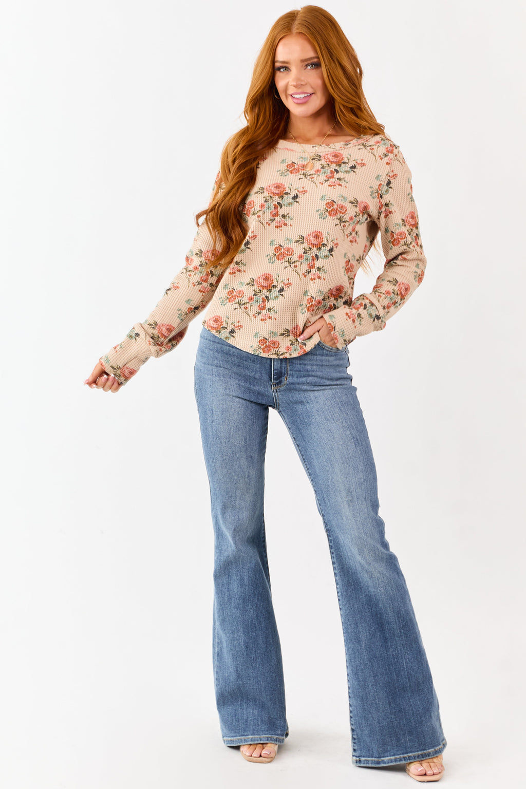 Beige Rose Print Waffle Knit Long Sleeve Top