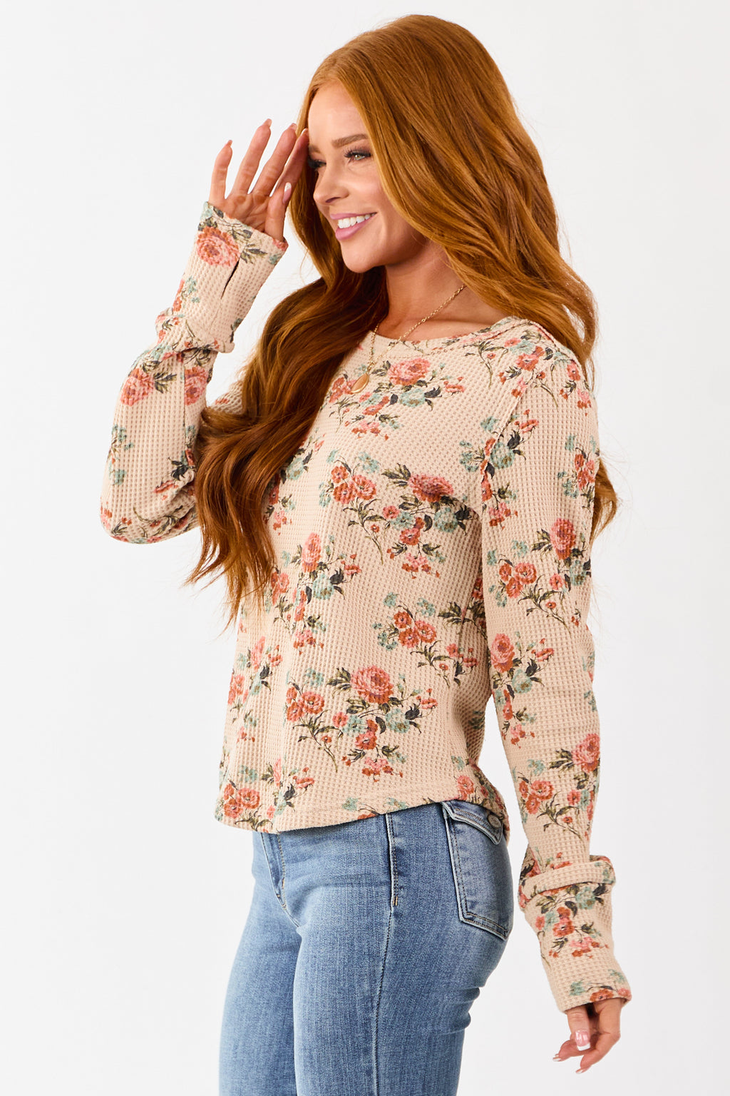 Beige Rose Print Waffle Knit Long Sleeve Top