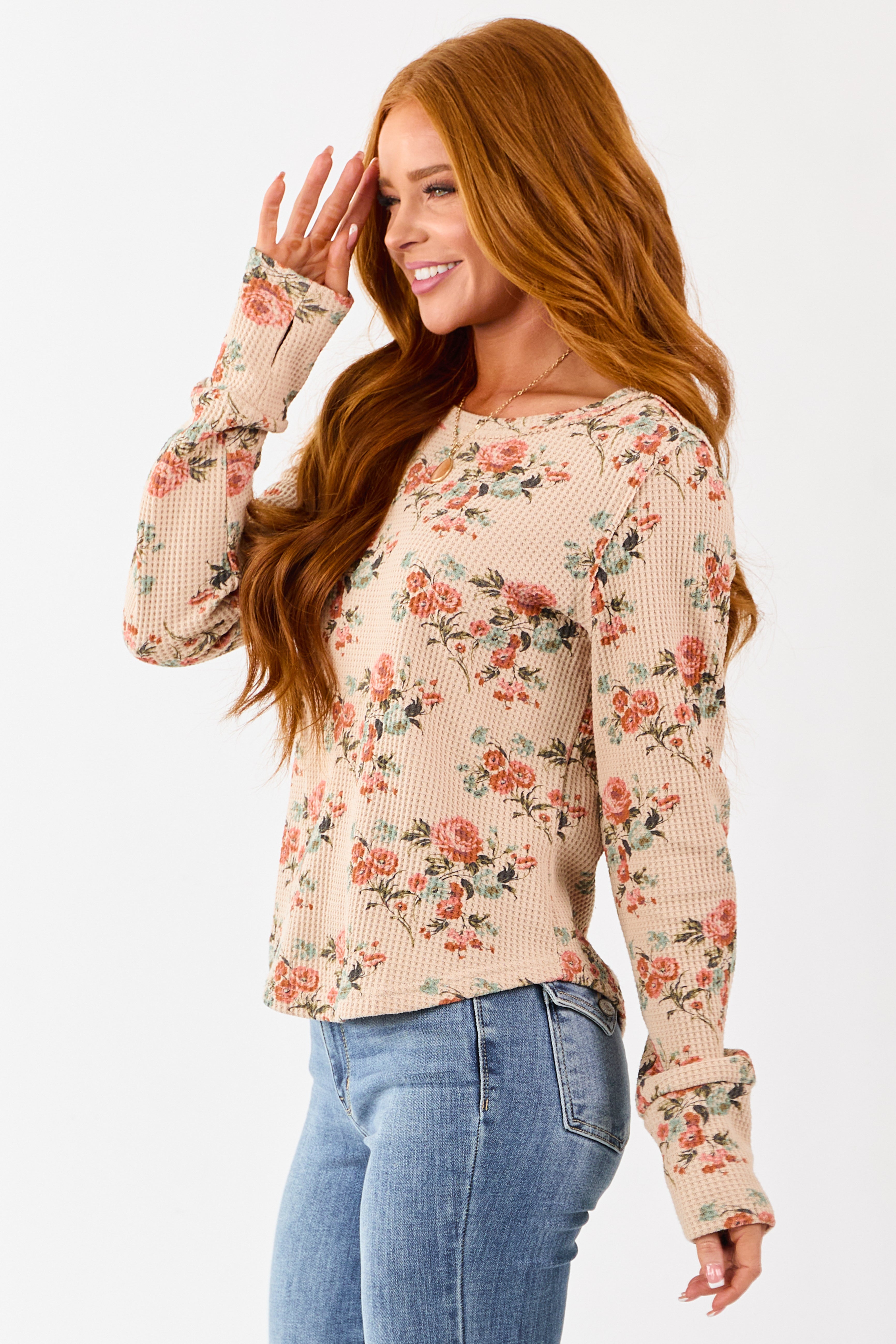 Beige Rose Print Waffle Knit Long Sleeve Top