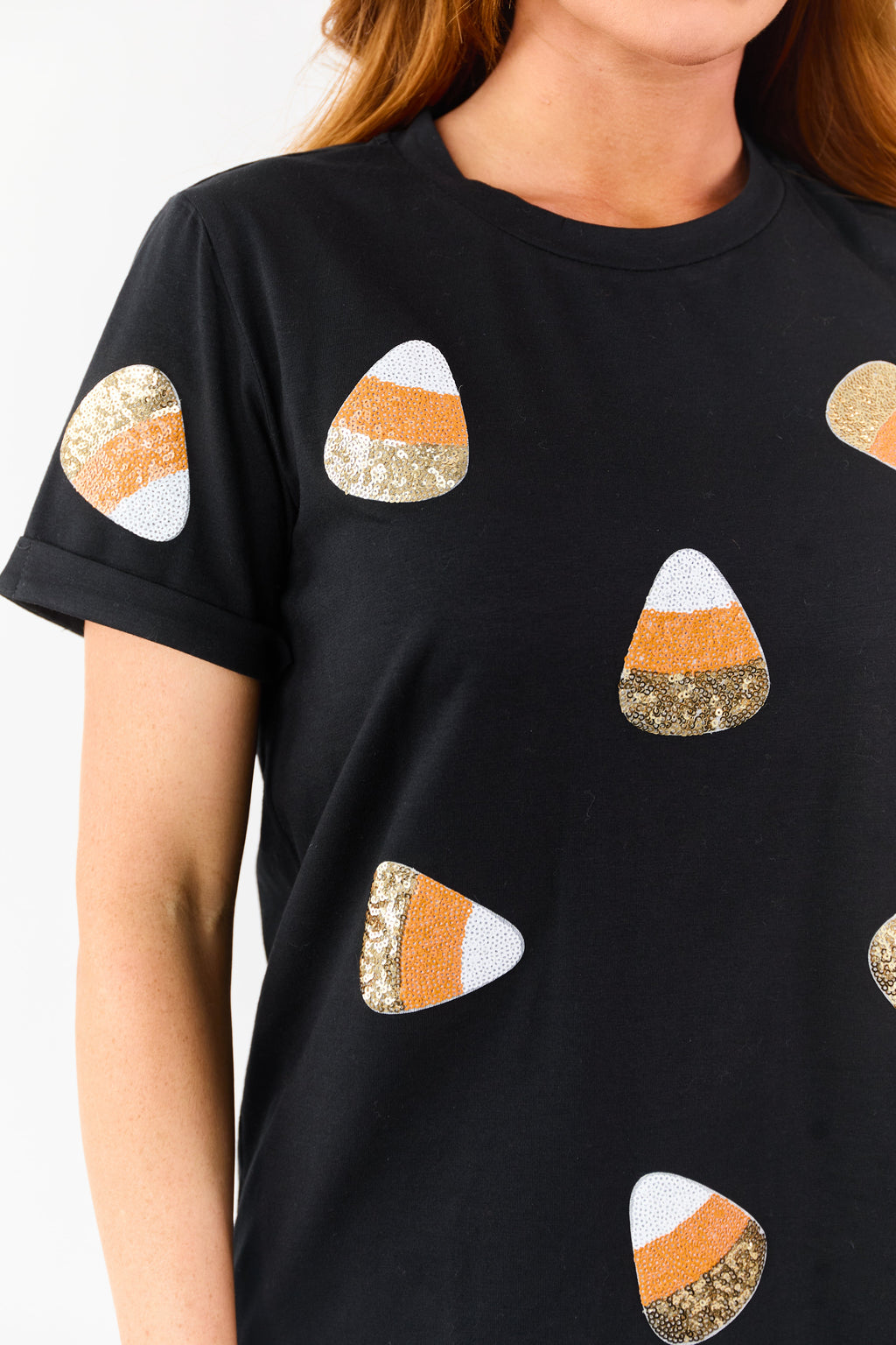 Black Candy Corn Sequin Patch Short Sleeve Tee