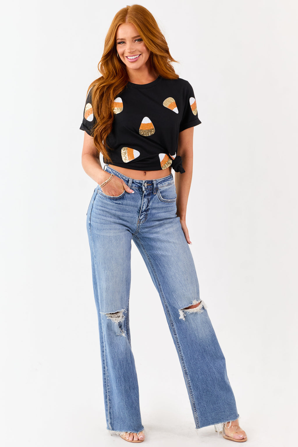 Black Candy Corn Sequin Patch Short Sleeve Tee