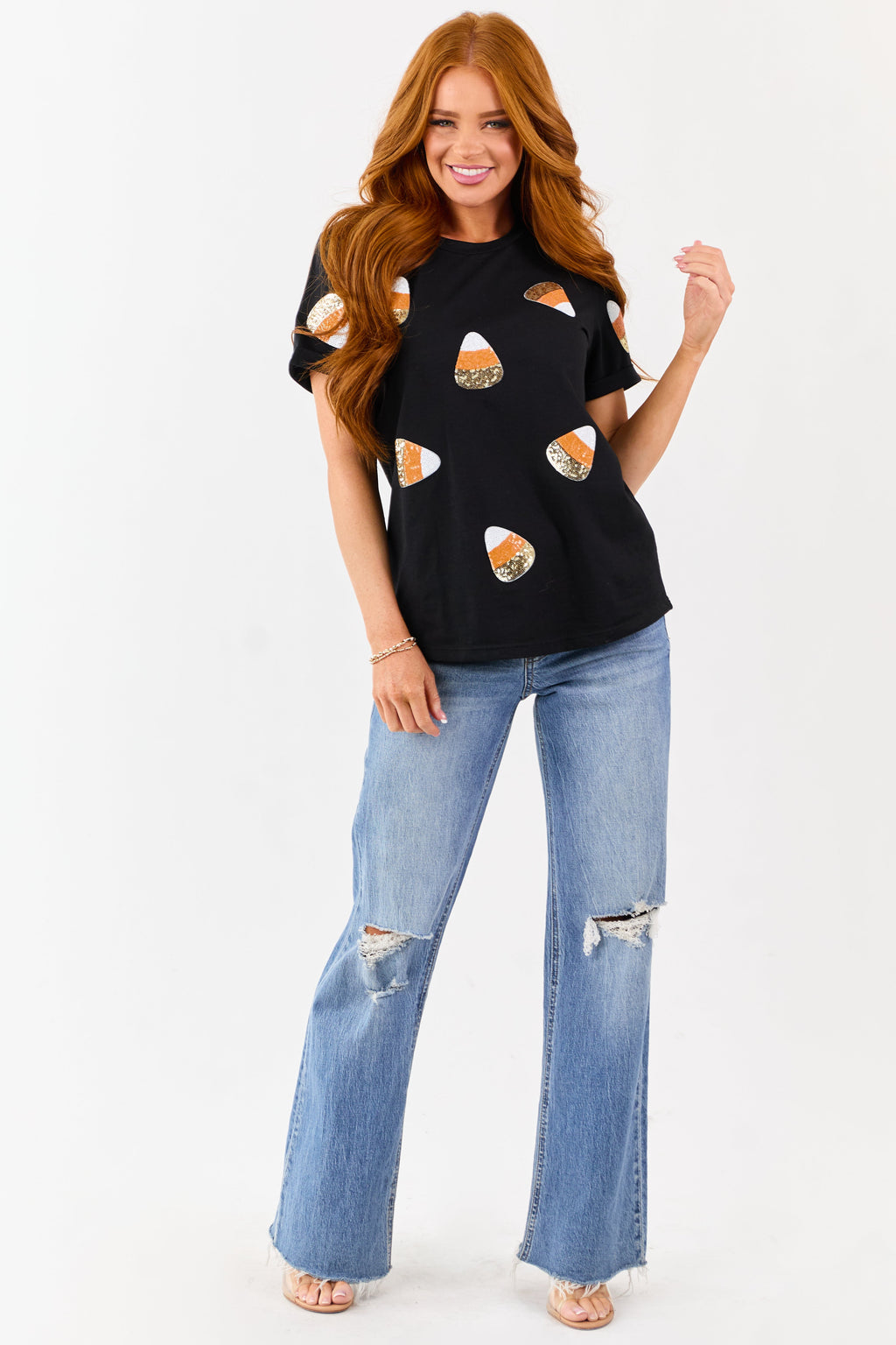 Black Candy Corn Sequin Patch Short Sleeve Tee