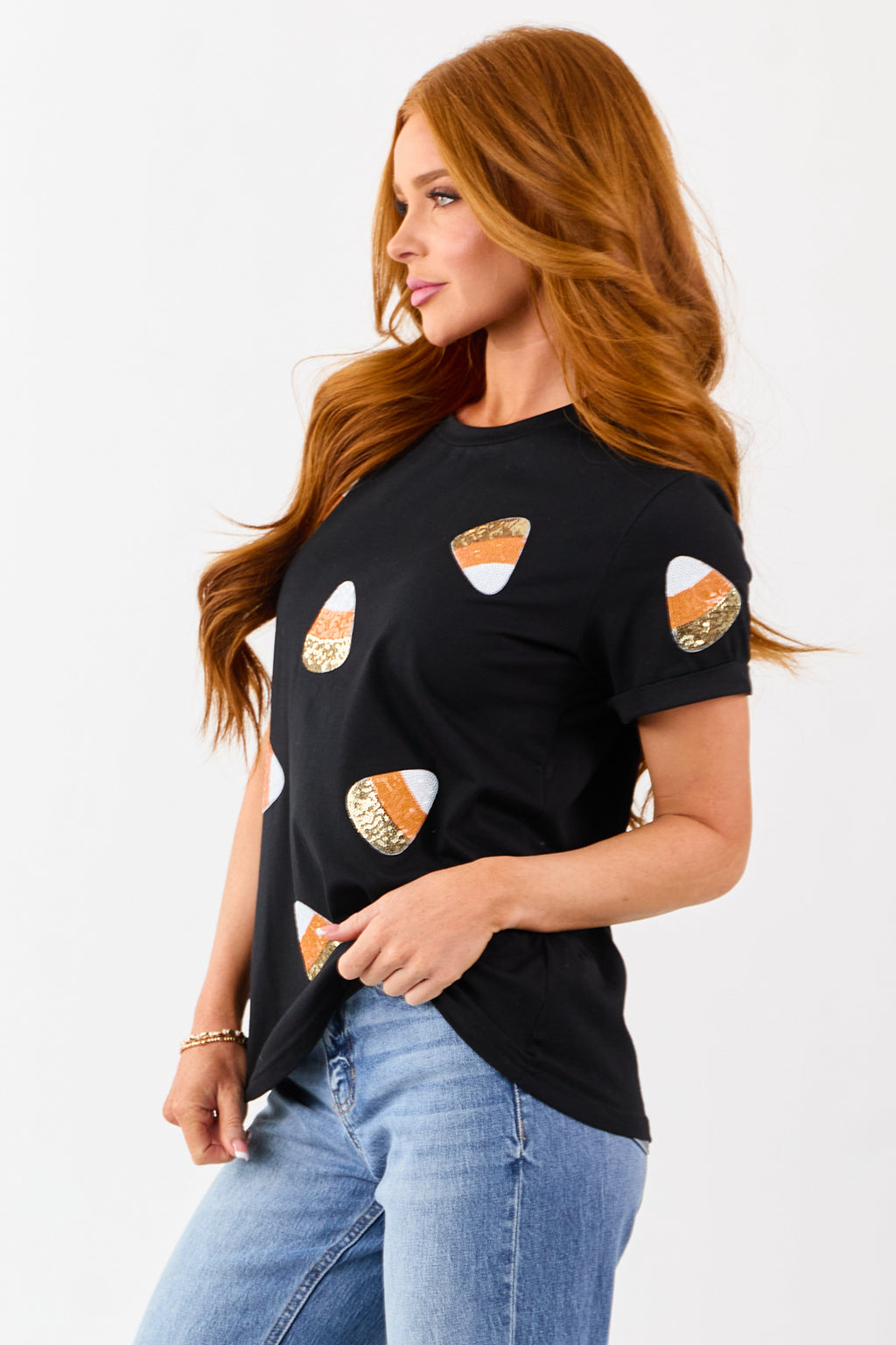 Black Candy Corn Sequin Patch Short Sleeve Tee