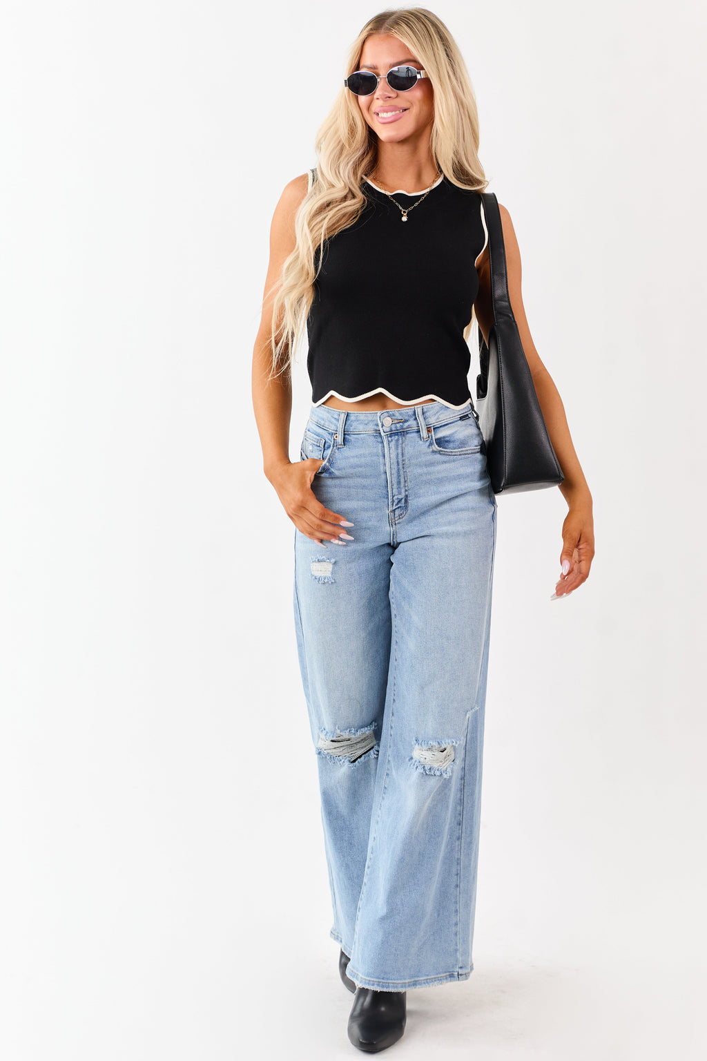 Black Contrast Trim Scalloped Hem Knit Tank Top