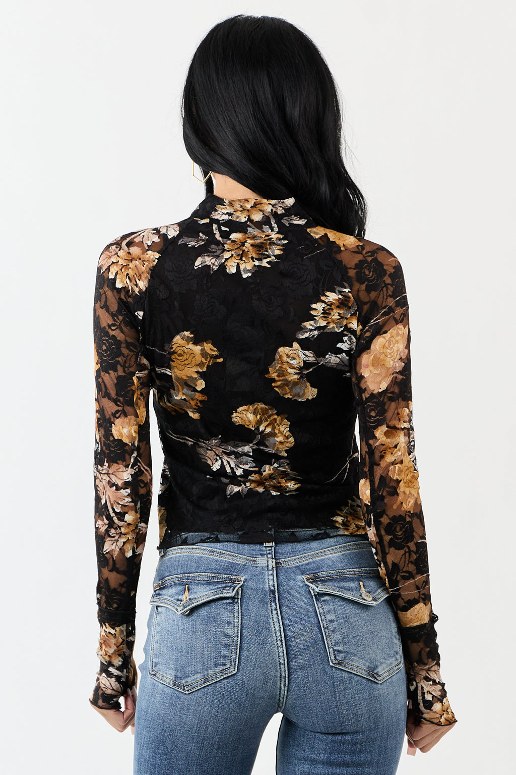 Black Floral Print Lace Mesh Long Sleeve Top