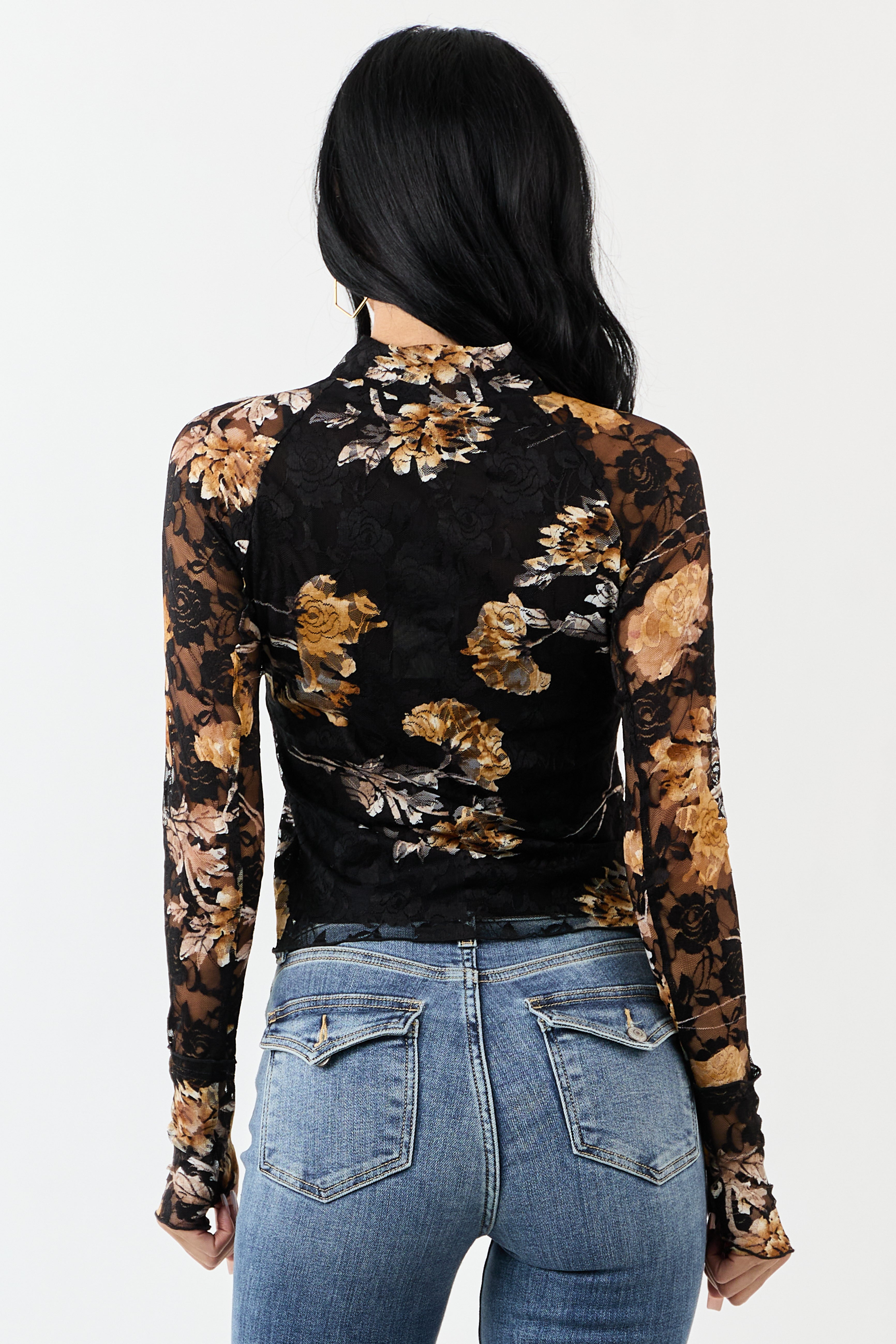 Black Floral Print Lace Mesh Long Sleeve Top