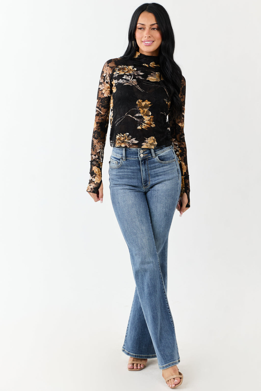 Black Floral Print Lace Mesh Long Sleeve Top