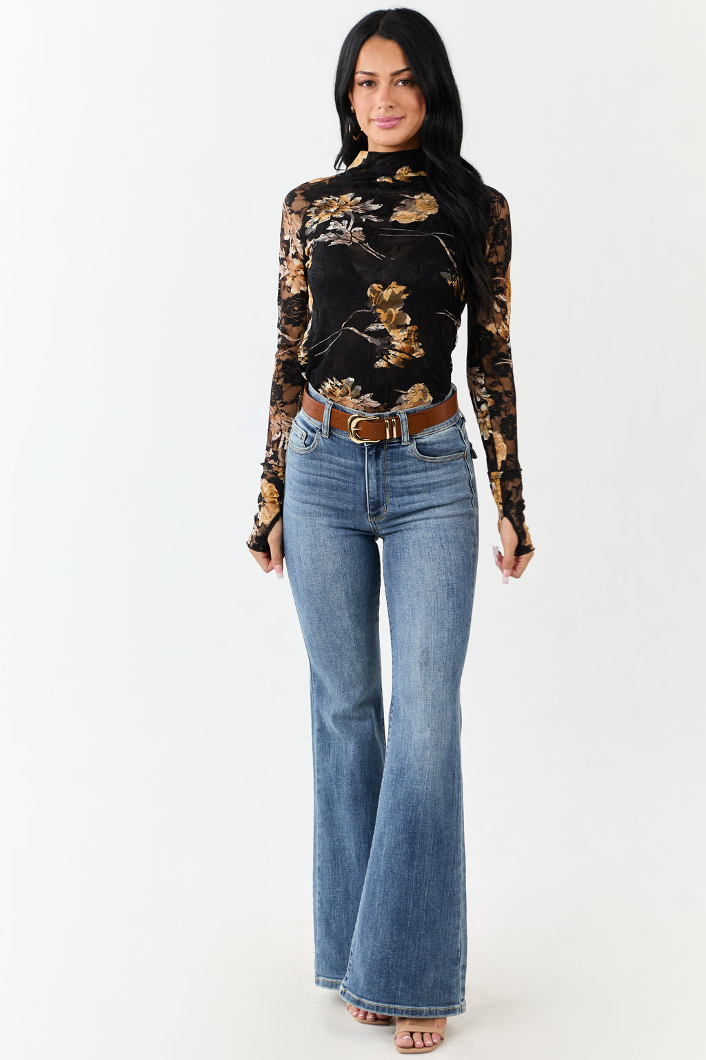 Black Floral Print Lace Mesh Long Sleeve Top