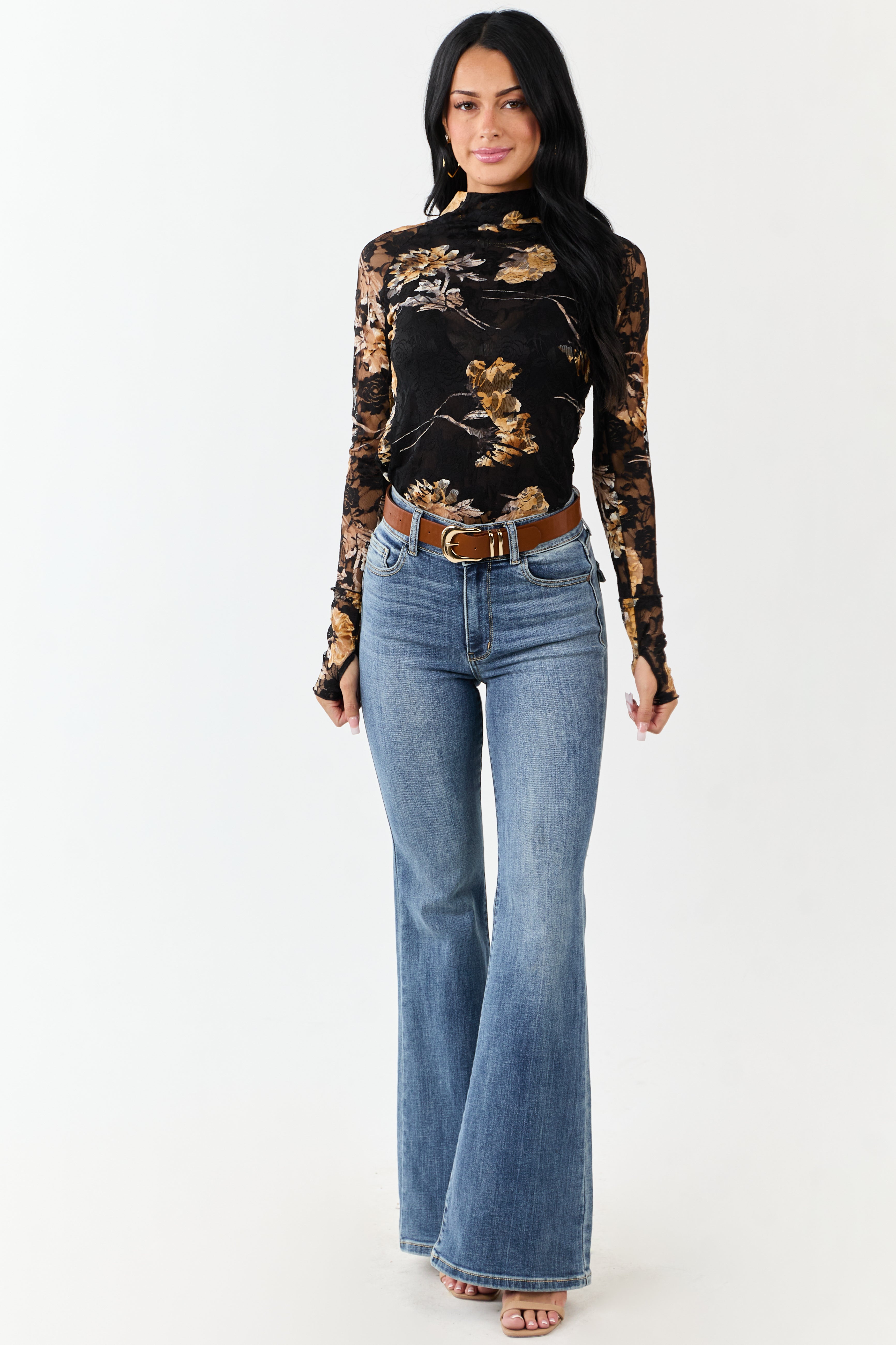 Black Floral Print Lace Mesh Long Sleeve Top