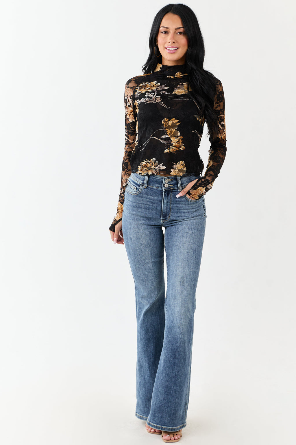 Black Floral Print Lace Mesh Long Sleeve Top