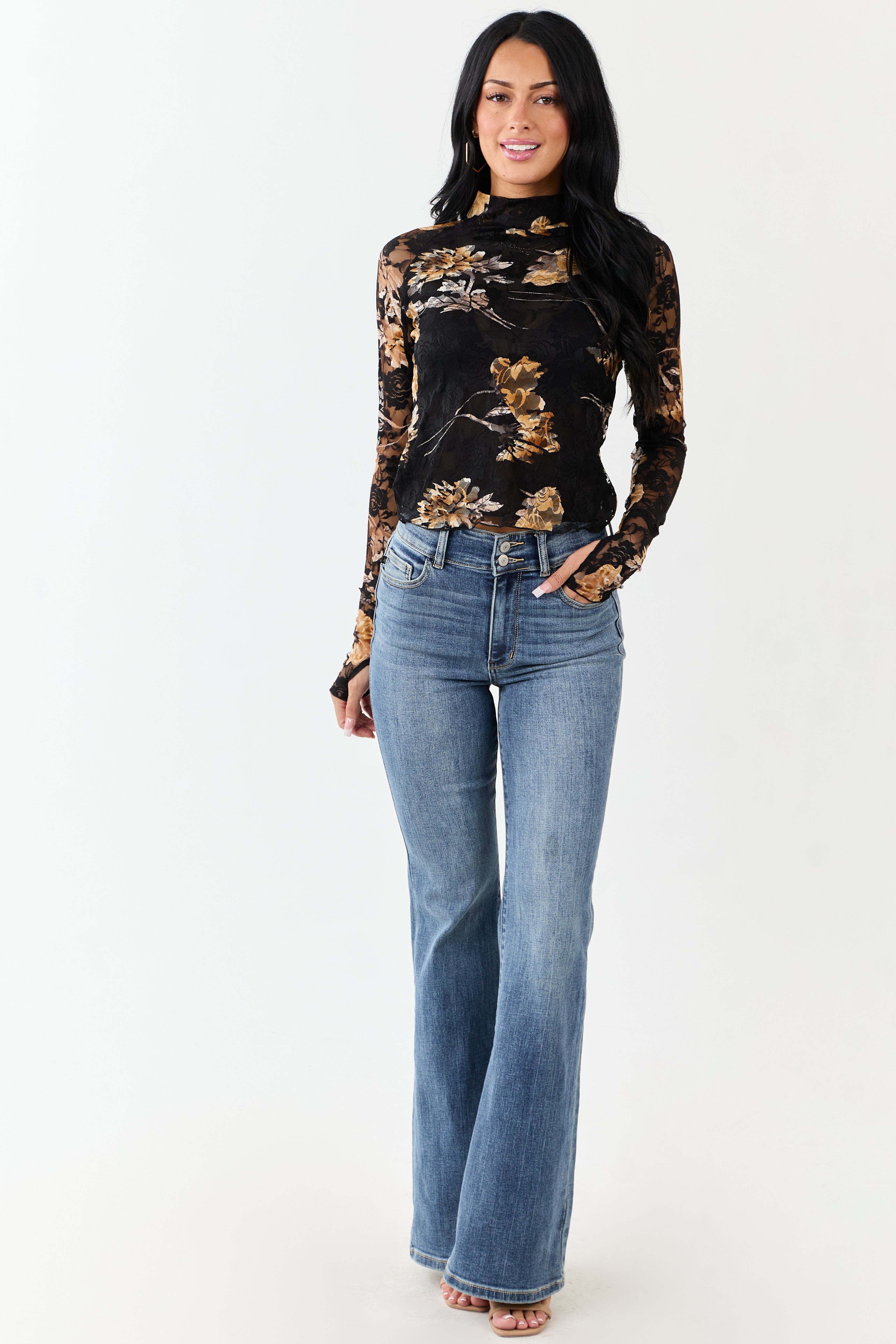 Black Floral Print Lace Mesh Long Sleeve Top