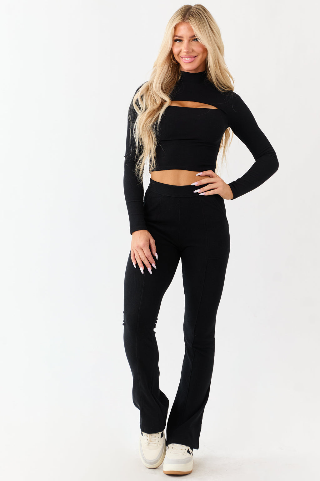Black Front Cut Out Mock Neck Cropped Top