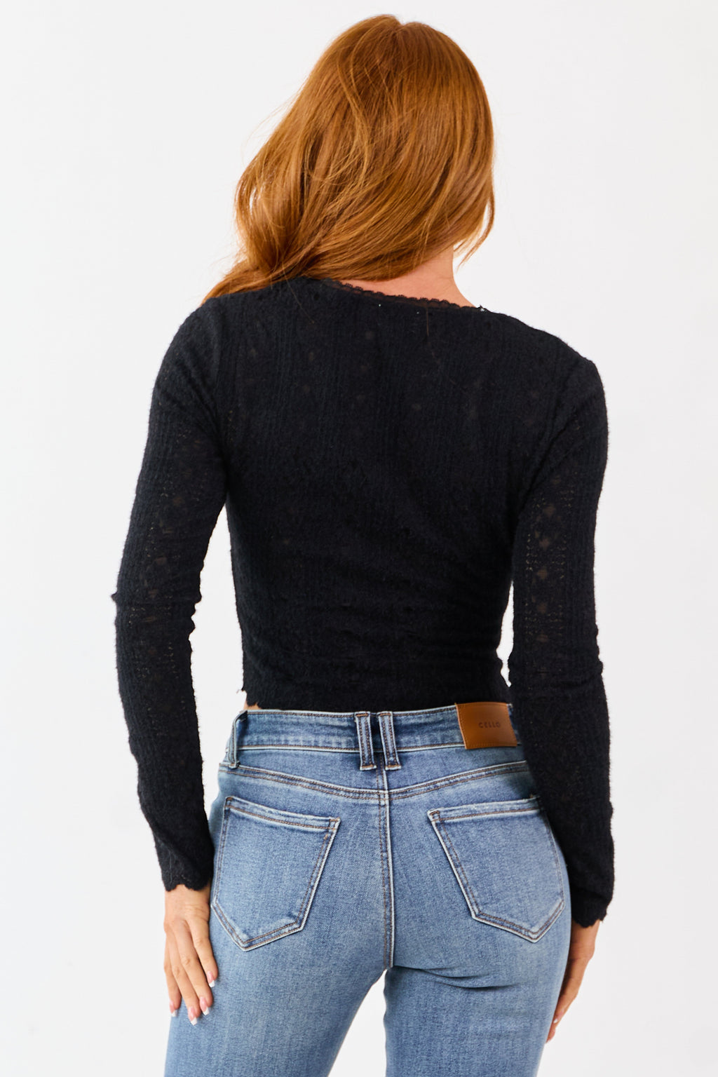 Black Fuzzy Knit Lace V-Neck Fitted Top