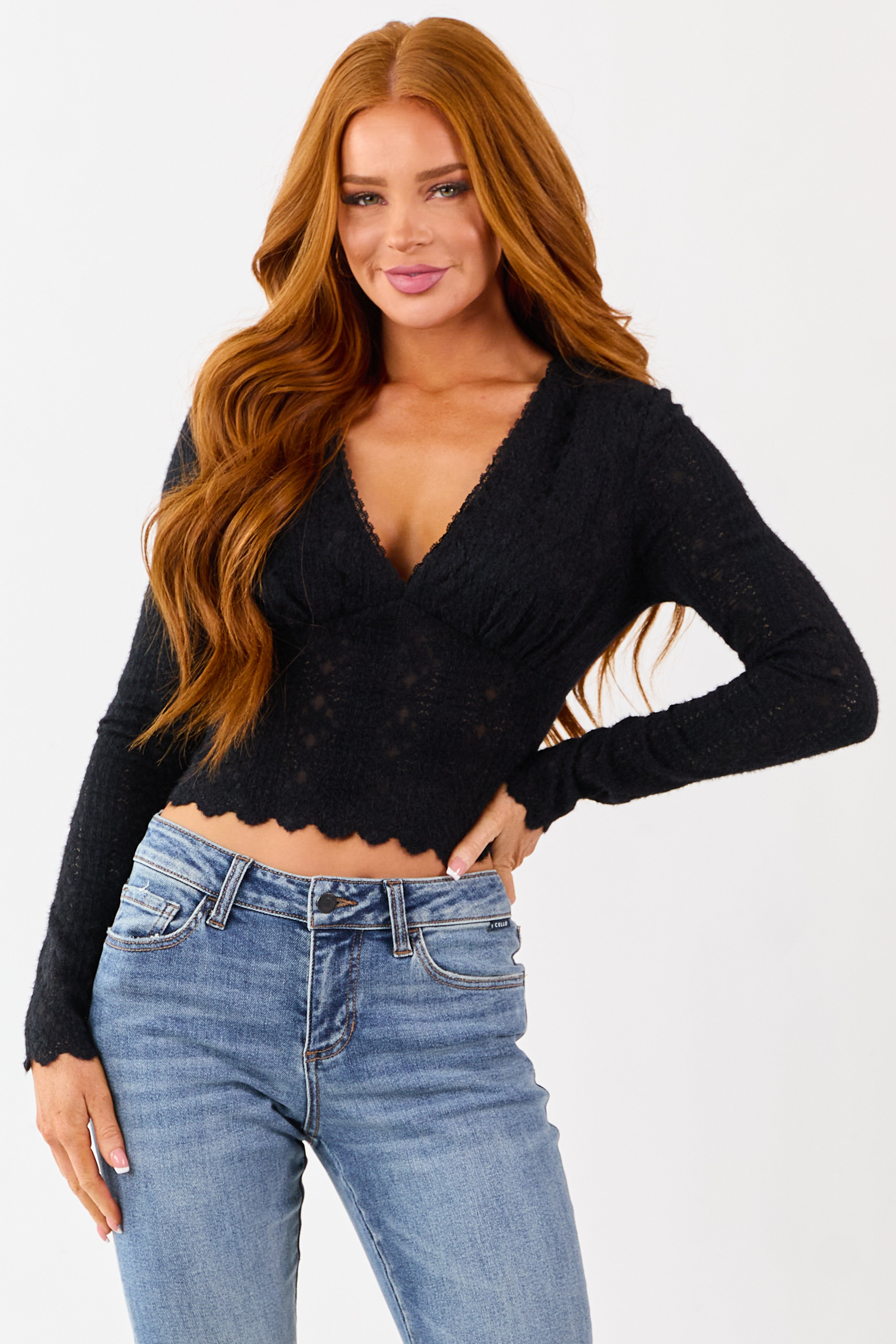 Black Fuzzy Knit Lace V-Neck Fitted Top
