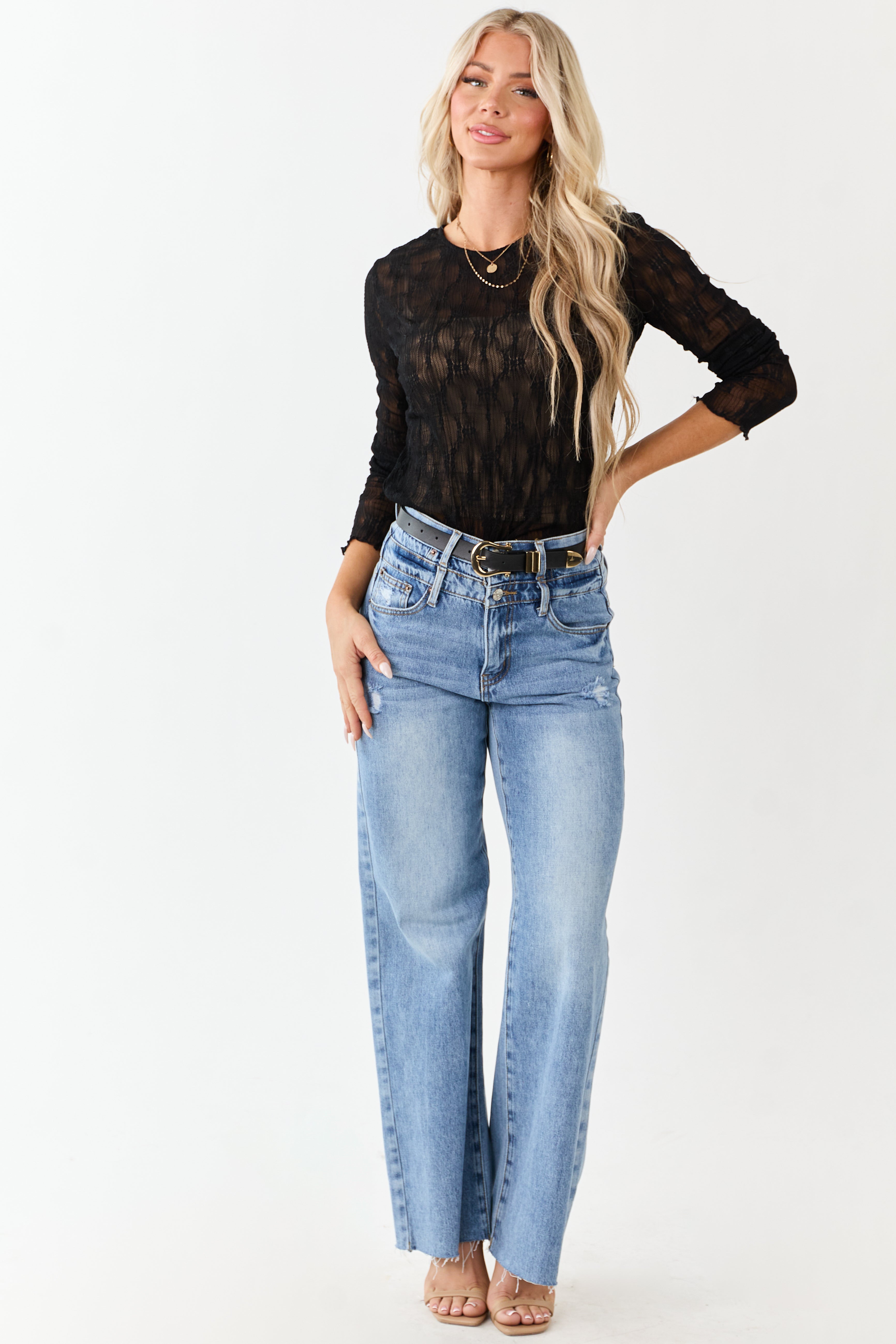 Black Lace Round Neck Long Sleeve Top