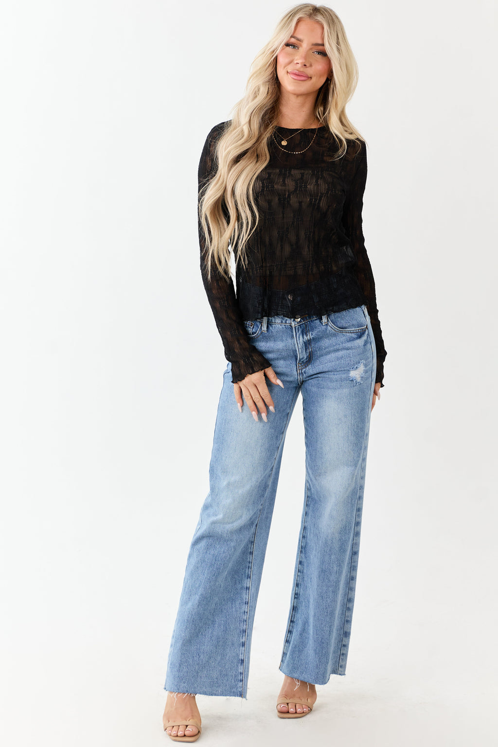Black Lace Round Neck Long Sleeve Top
