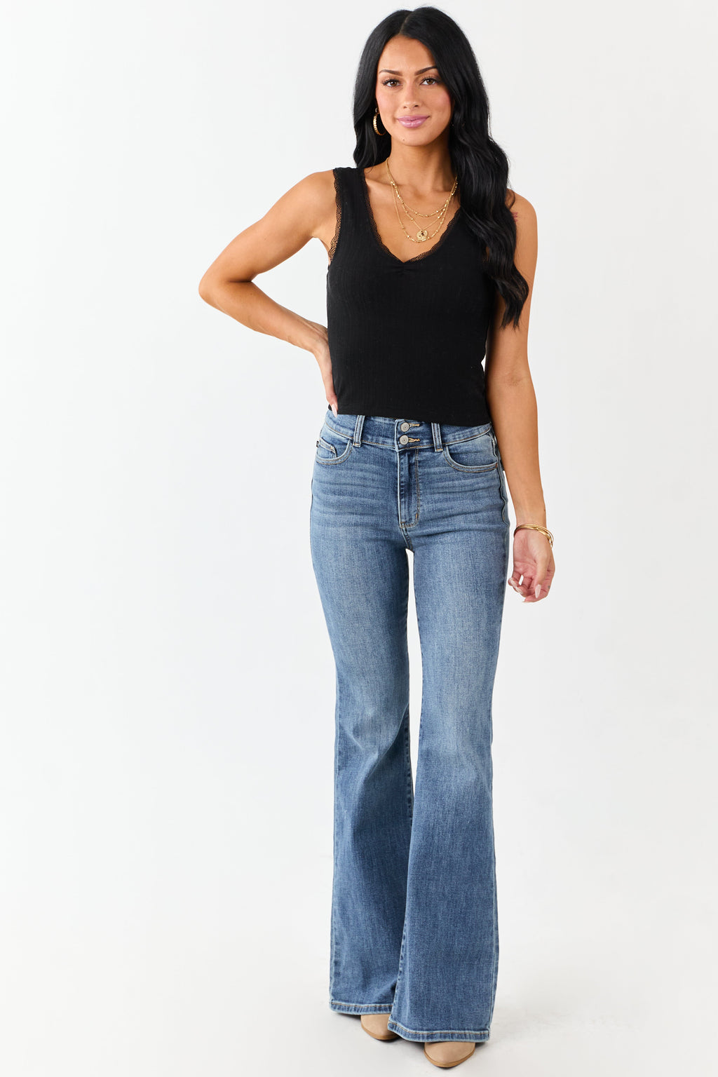 Black Lace Trim Cropped Rib Knit Tank Top