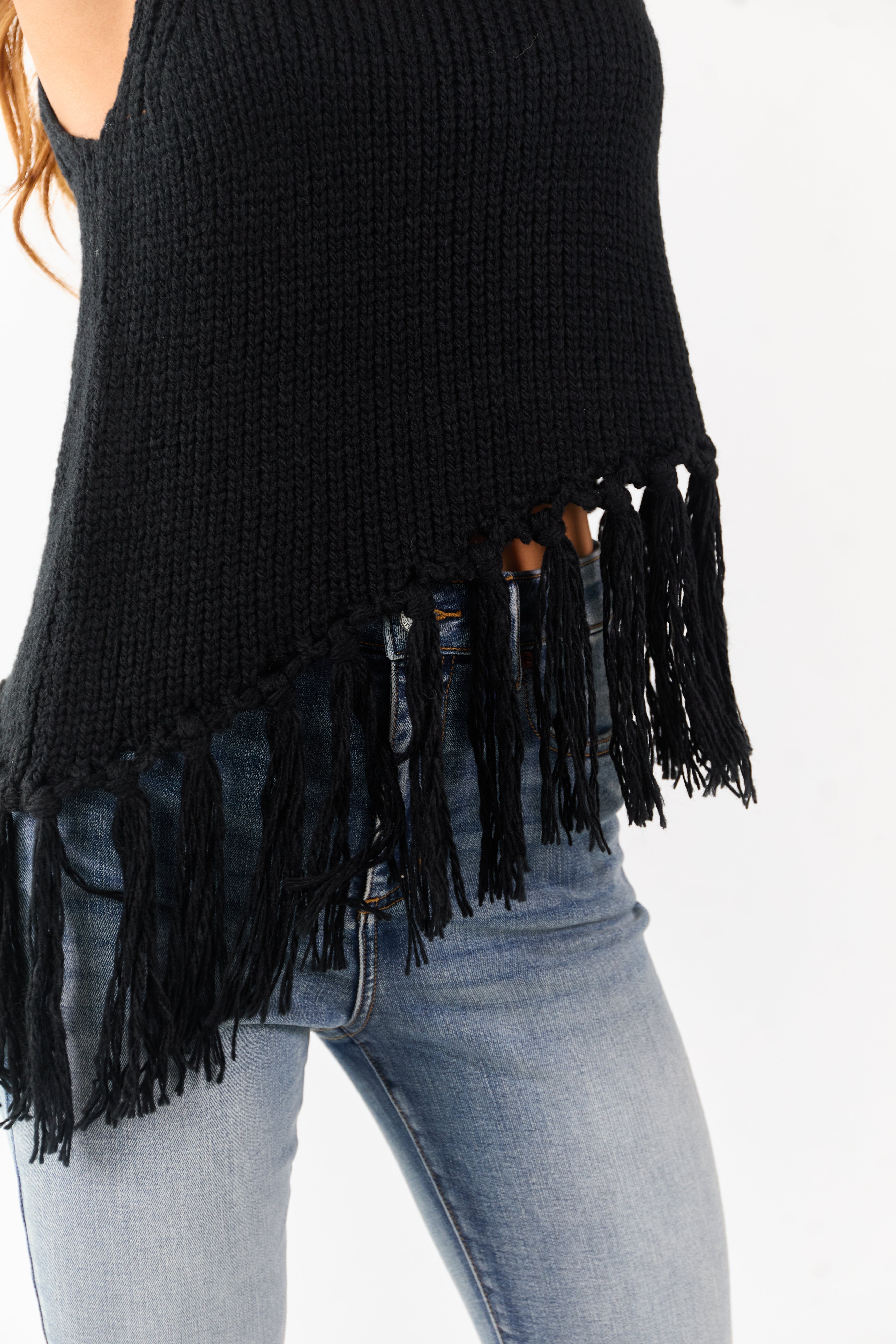 Black Mock Neck Asymmetrical Tassel Hem Tank Top
