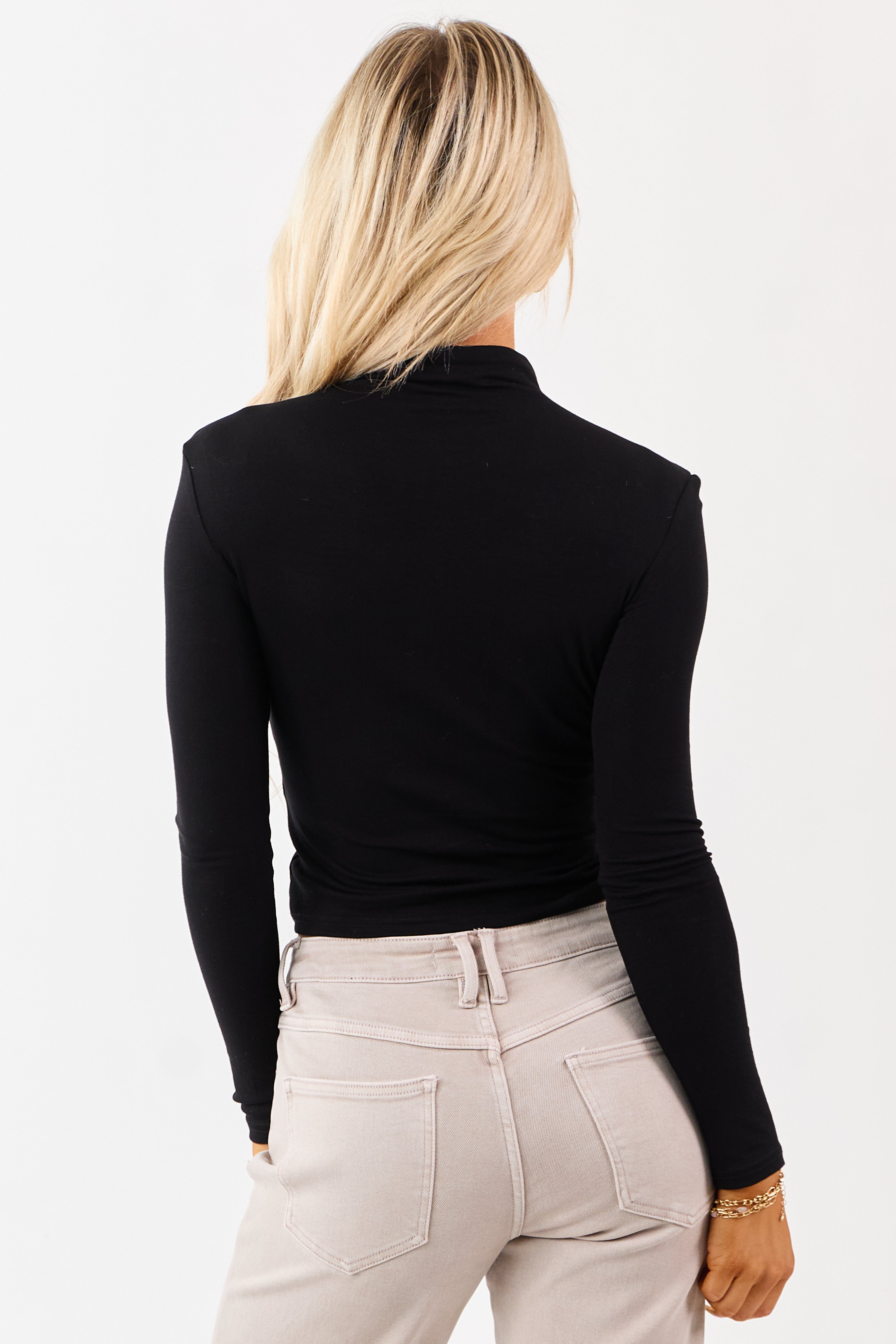 Black Mock Neck Long Sleeve Fitted Knit Top