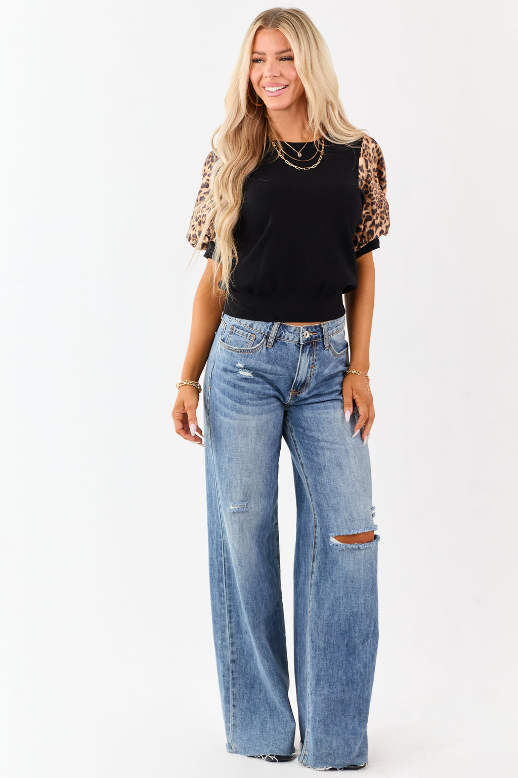 Black Rib Knit Contrast Leopard Puff Sleeve Top