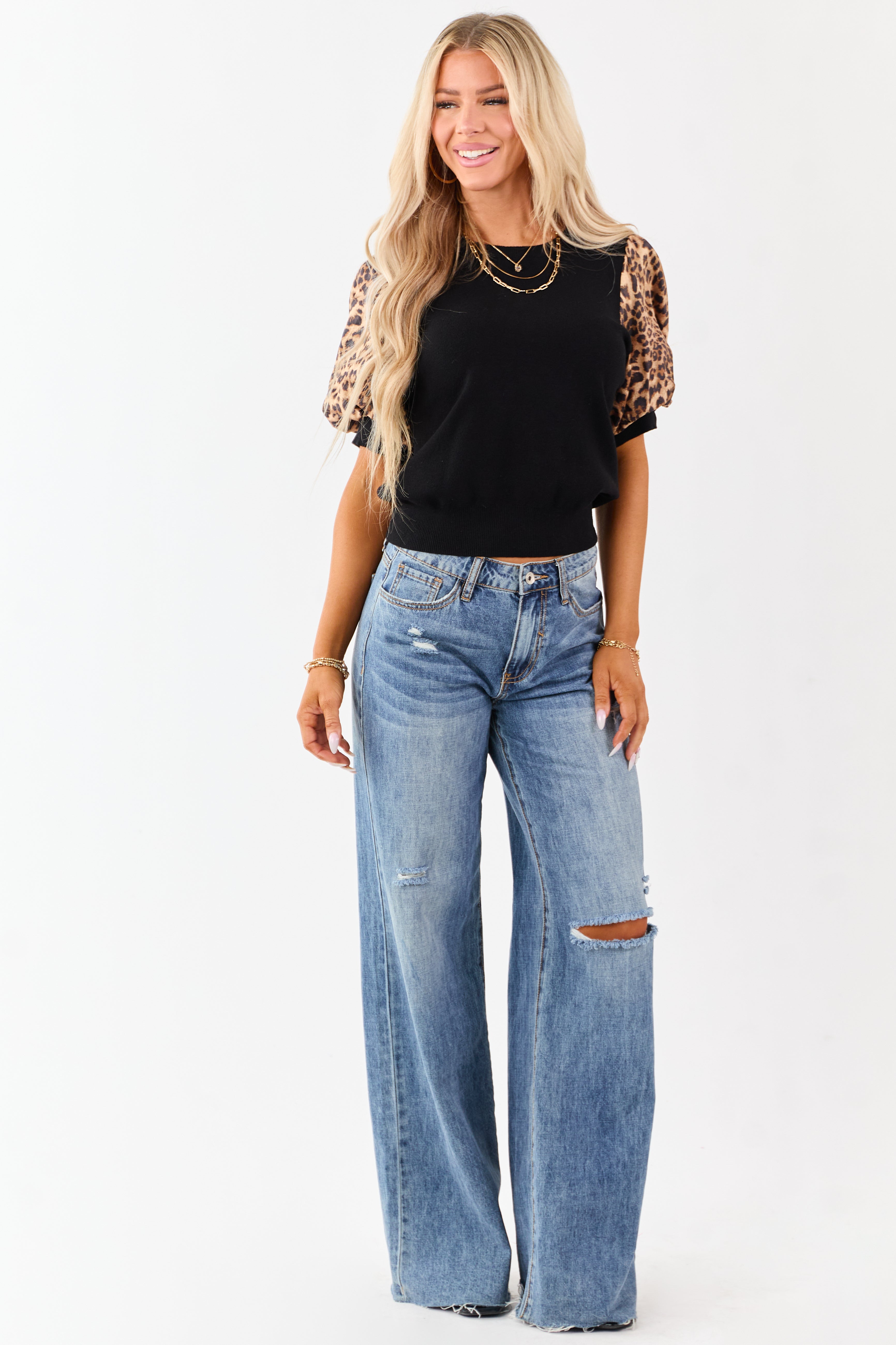 Black Rib Knit Contrast Leopard Puff Sleeve Top