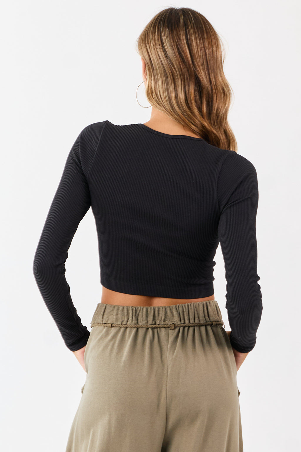 Black Rib Knit Cropped Long Sleeve Top
