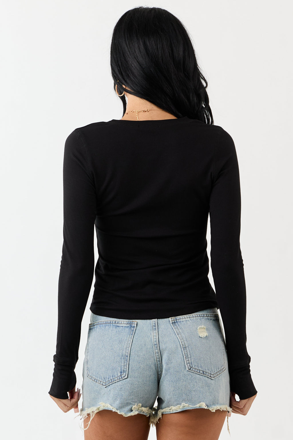 Black Rib Knit Round Neck Long Sleeve Top